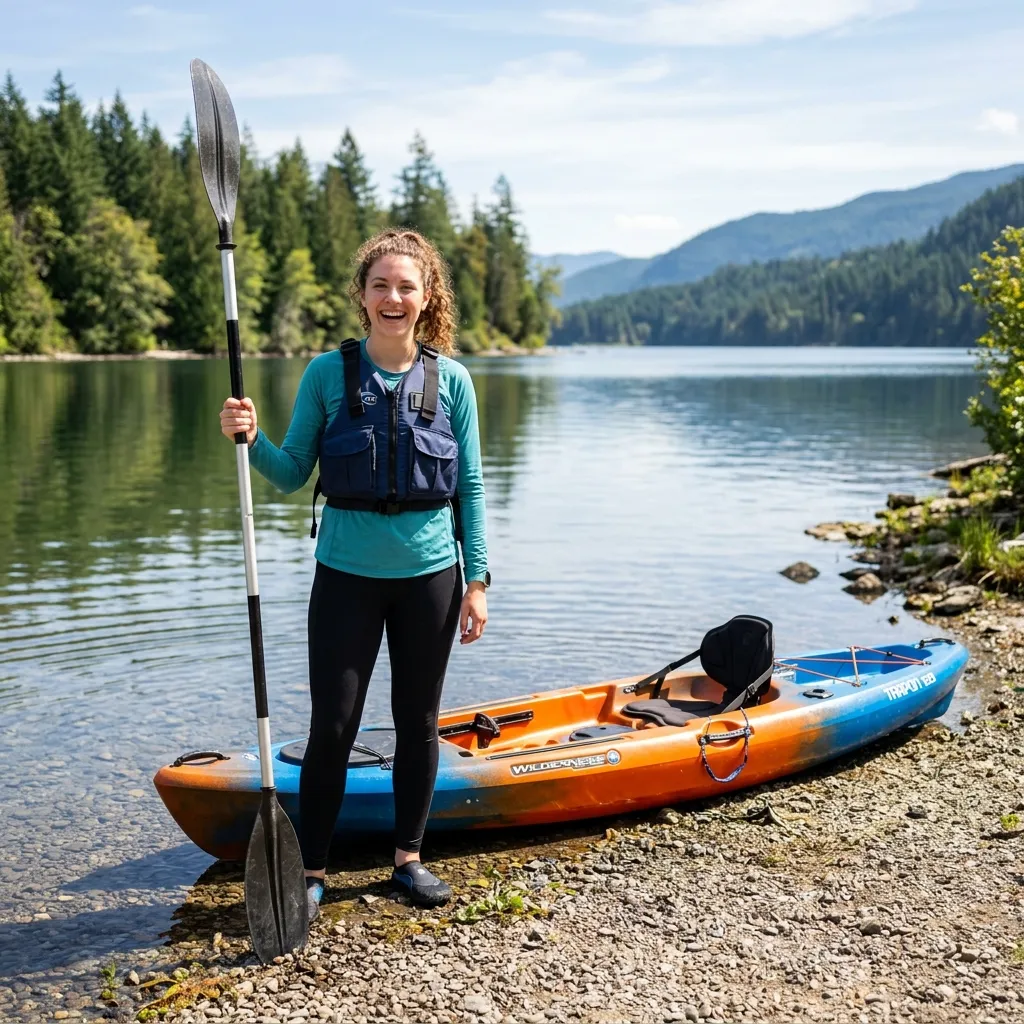 Beginner kayaker standing on a calm lakeshore with a recreational kayak and paddle, ready for their first trip.