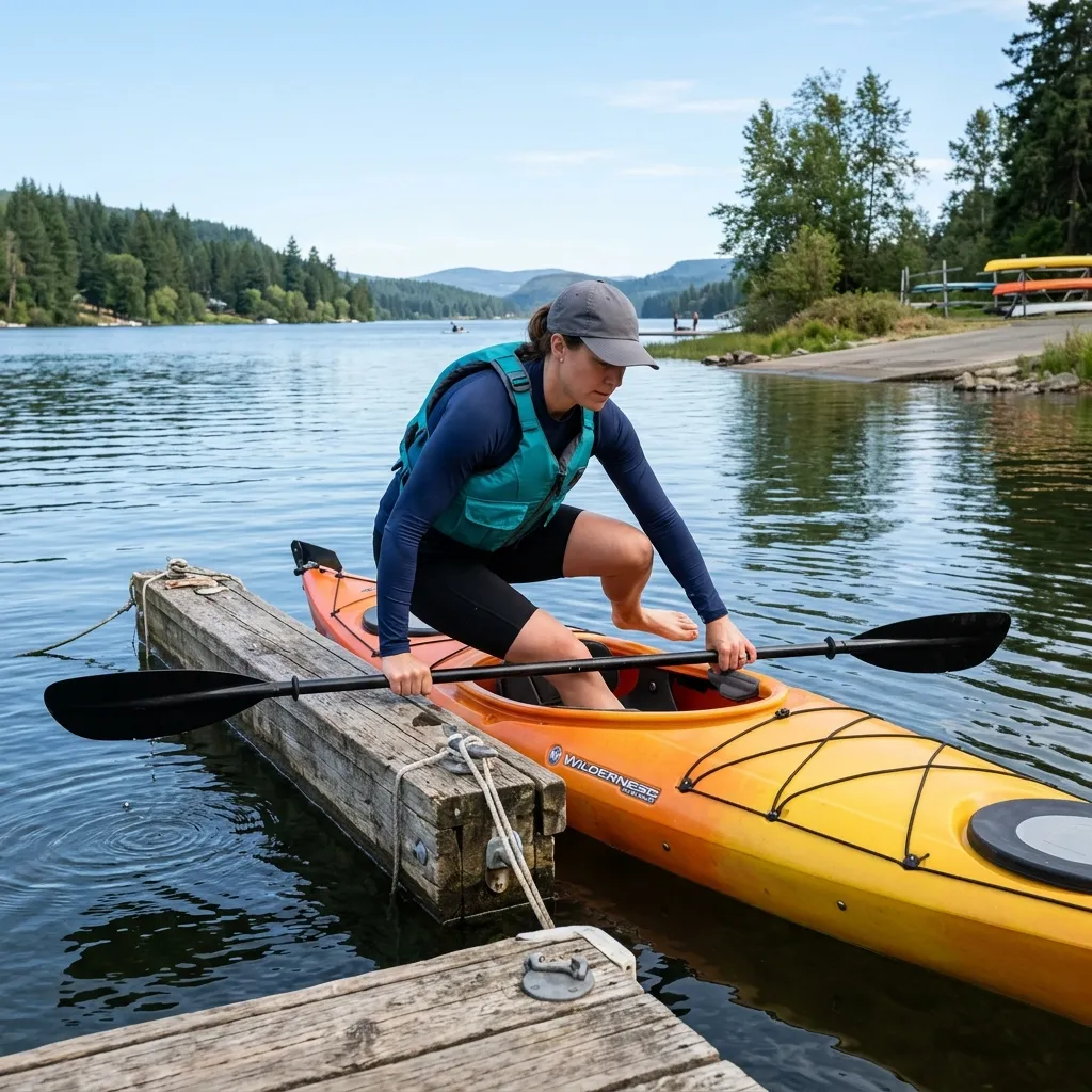 Safe technique for getting in and out of a kayak from a dock while maintaining a low center of gravity.