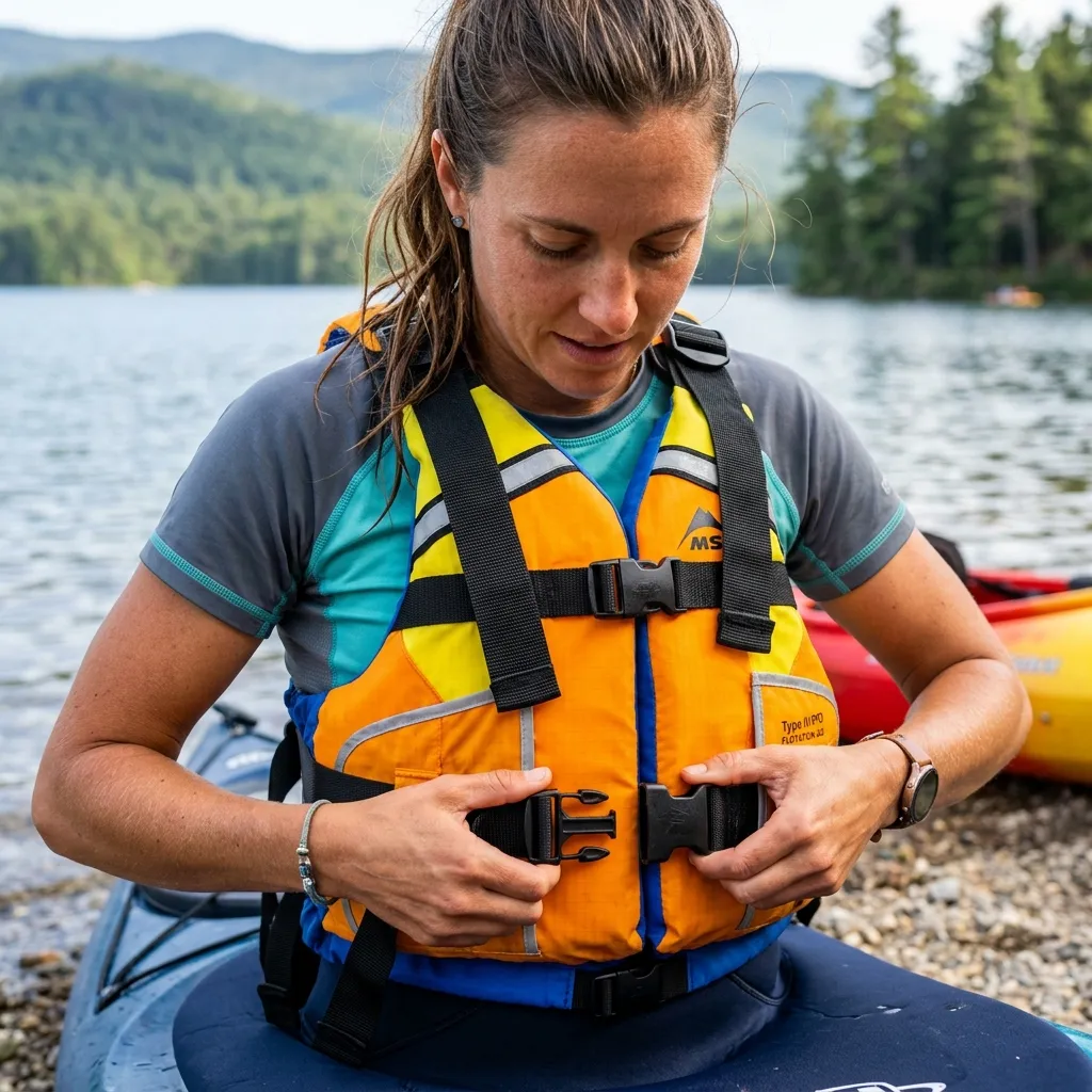 How to properly fit and buckle a life jacket for kayaking before getting on the water.